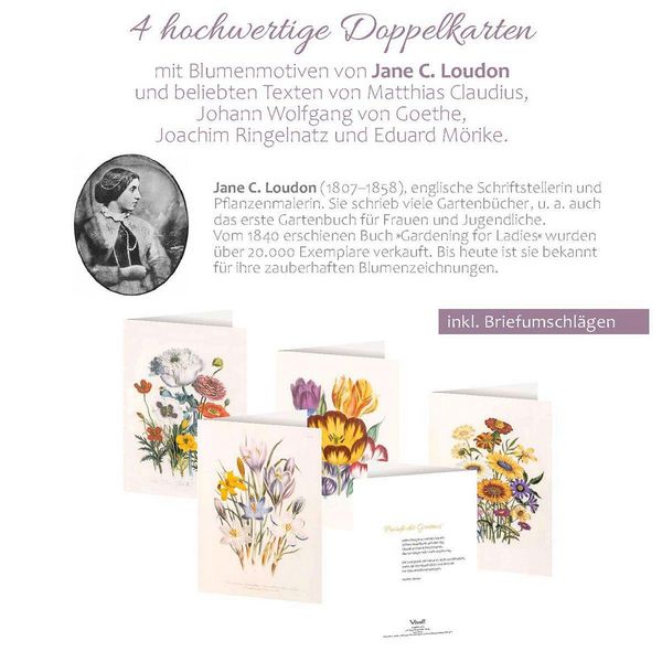 Produktbild: 4er-Set Doppelkarten &raquo;Blumengr&uuml;&szlig;e&laquo; mit Motiven von Jane C. Loudon