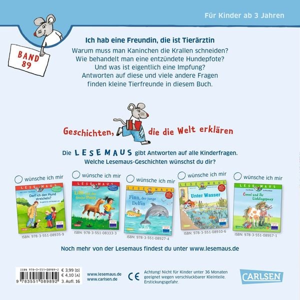 Produktbild: LESEMAUS 89: Ich hab eine Freundin, die ist Tier&auml;rztin