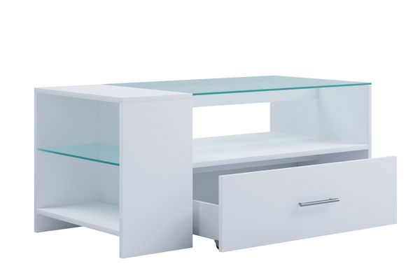 Holz Sofatisch Couchtisch Schublade Glas Tindala