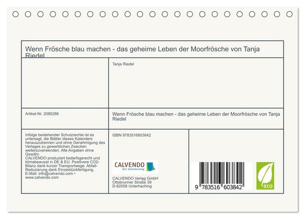 Produktbild: Wenn Fr&ouml;sche blau machen - das geheime Leben der Moorfr&ouml;sche von Tanja Riedel (Tischkalender 2026 DIN A5 quer), CALVENDO Monatskalender