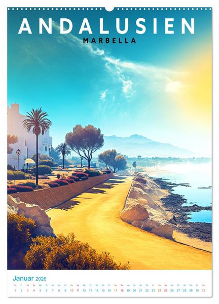 Produktbild: Andalusien - Old School Poster Style (Wandkalender 2026 DIN A2 hoch), CALVENDO Monatskalender