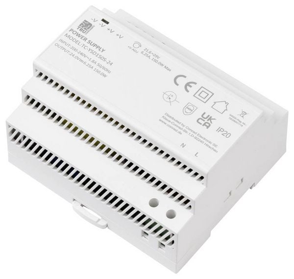Produktbild: TRU COMPONENTS TC-13710896 Hutschienen-Netzteil (DIN-Rail) Verbrauch (StandBy) 0.3 W 24 V/DC 6.25 A 150 W Anzahl Ausg&auml;nge:1 x Inhalt 1 St.