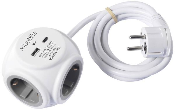 Produktbild: Sygonix SY-5827192 Steckdosenw&uuml;rfel 3fach Wei&szlig;, Grau Schutzkontakt 1St.