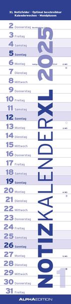 Notizkalender XL BLAU 2025 - Streifenkalender 15x64 cm - Wandplaner - Küchenkalender - schmales Design - eine Spalte - L