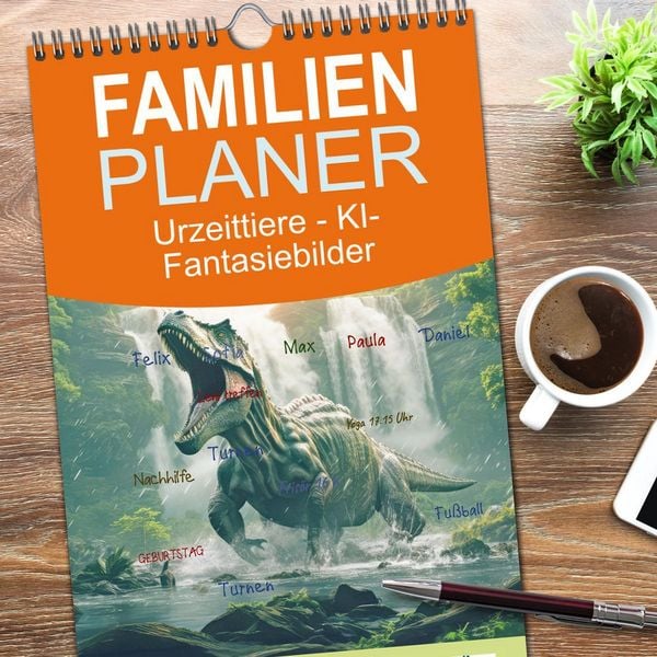 Produktbild: Familienplaner 2026 - Urzeittiere - KI-Fantasiebilder mit 5 Spalten (Wandkalender, 21 x 45 cm) CALVENDO