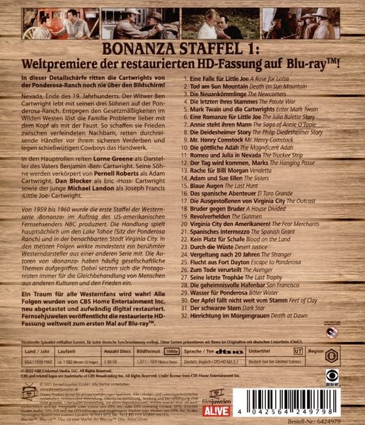 Produktbild: Bonanza Restored - Staffel 1: Alle 32 Folgen erstmals in HD (Paramount Restoration) [5 BRs]