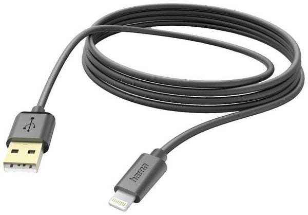 Produktbild: Hama USB-Ladekabel USB 2.0 Apple Lightning Stecker, USB-A Stecker 3.00 m Schwarz 00201582
