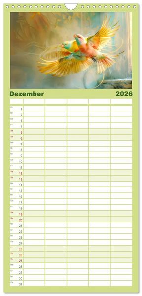 Produktbild: Familienplaner 2026 - Farbenfrohe Fantasiev&ouml;gel mit 5 Spalten (Wandkalender, 21 x 45 cm) CALVENDO