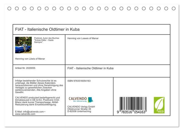 Produktbild: FIAT - Italienische Oldtimer in Kuba (Tischkalender 2026 DIN A5 quer), CALVENDO Monatskalender