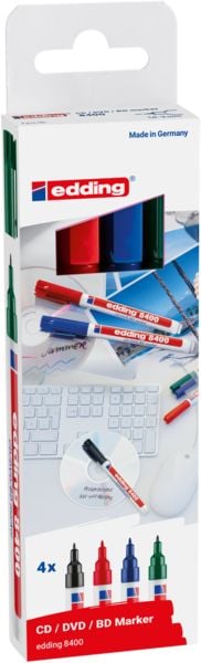 Produktbild: EDDING&reg; CD/DVD/BD Marker 8400, 4er Etui (rot, blau, gr&uuml;n, schwarz) Kartonetui