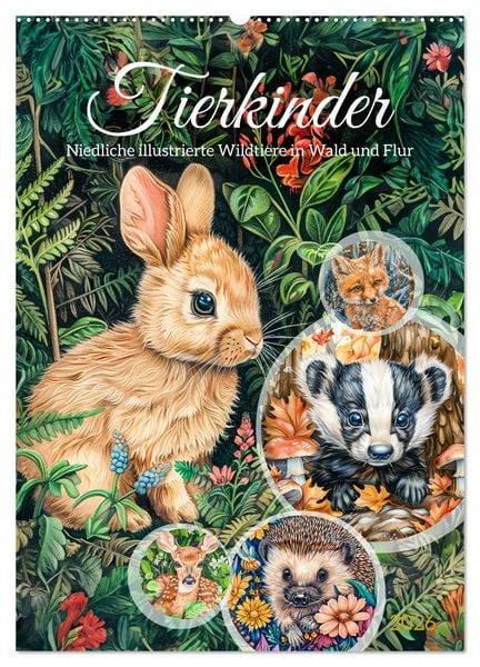 Tierkinder - Niedliche illustrierte Wildtiere in Wald und Flur (Wandkalender 2026 DIN A2 hoch), CALVENDO Monatskalender