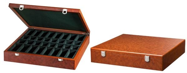 Schachfigurenbox Exklusiv, Wurzelholzoptik, 430 x 425 x 95 mm, mit Einzelfächern