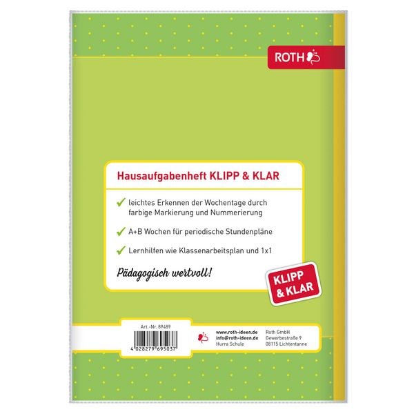 Produktbild: Klipp&Klar Grundschulaufgabenheft mit Tagesfarben A5 1 Wochen 2 Seiten Hurra Schule