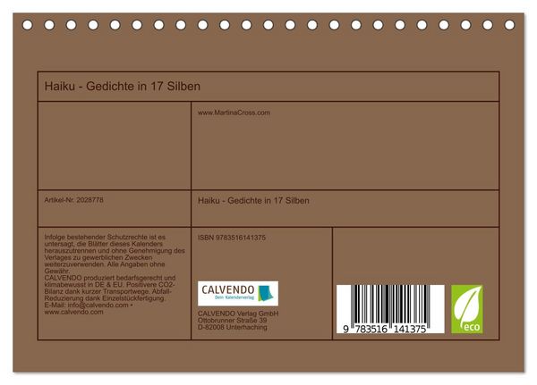 Produktbild: Haiku - Gedichte in 17 Silben (Tischkalender 2026 DIN A5 quer), CALVENDO Monatskalender