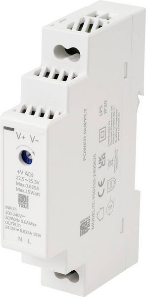 Produktbild: TRU COMPONENTS TC-13713364 Hutschienen-Netzteil (DIN-Rail) Verbrauch (StandBy) 0.3 W 24 V/DC 0.625 A 15 W Anzahl Ausg&auml;nge:1 x Inhalt 1 St.