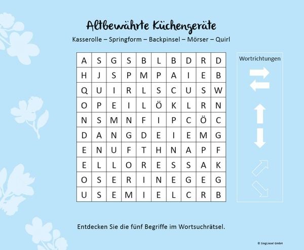 Produktbild: Wortsuchr&auml;tsel f&uuml;r Senioren mit vertrauten Begriffen. R&auml;tselspa&szlig;, Besch&auml;ftigung und Ged&auml;chtnistraining f&uuml;r Senioren. Auch mit Demenz. Gro&szlig;druck