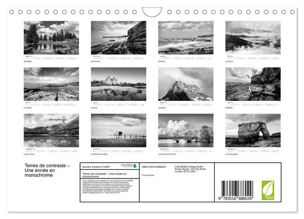 Produktbild: Terres de contraste &ndash; Une ann&eacute;e en monochrome (Calendrier mural 2026 DIN A4 vertical), CALVENDO calendrier mensuel