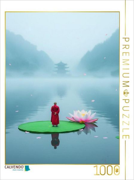 CALVENDO Puzzle Mönch auf einem Lotosblumenblatt auf einem See | 1000 Teile Lege-Größe 64 × 48 cm Foto-Puzzle für glückliche Stunden