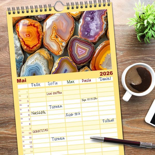 Produktbild: Familienplaner 2026 - Achat-Rhapsodie - Farbige Flussl&auml;ufe in Bandachaten und Quarz mit 5 Spalten (Wandkalender, 21 x 45 cm) CALVENDO