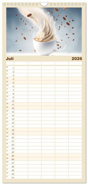 Produktbild: Familienplaner 2026 - Kaffe mal anders geniessen mit 5 Spalten (Wandkalender, 21 x 45 cm) CALVENDO