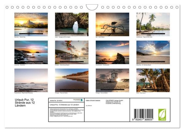 Produktbild: Urlaub Pur, 12 Str&auml;nde aus 12 L&auml;ndern (Wandkalender 2026 DIN A4 quer), CALVENDO Monatskalender