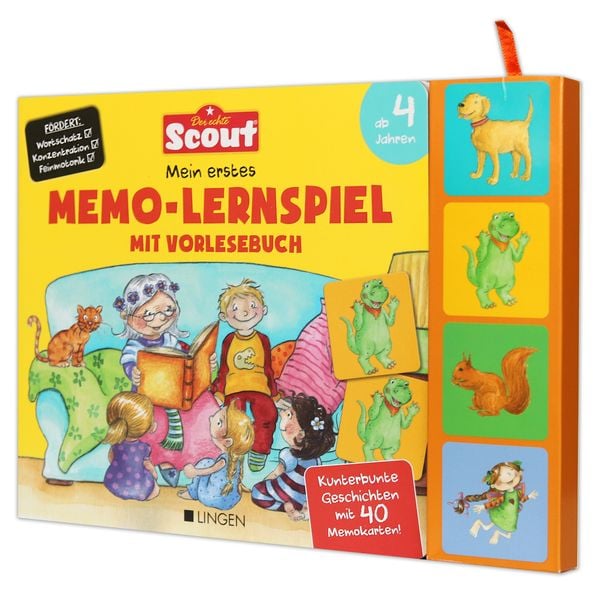 Produktbild: Scout: Mein erstes Memo Lernspiel mit Vorlesebuch - Kunterbunte Geschichten mit 40 Memokarten!