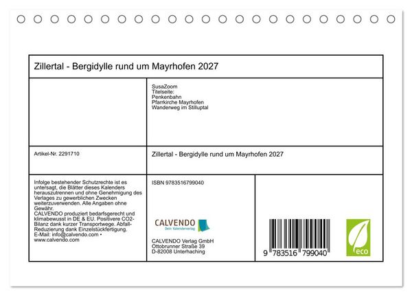 Produktbild: Zillertal - Bergidylle rund um Mayrhofen 2027 (Tischkalender 2027 DIN A5 quer), CALVENDO Monatskalender