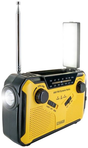 Produktbild: Schwaiger Outdoorradio UKW, AM, FM Handkurbel, Solarpanel, spritzwassergesch&uuml;tzt, sto&szlig;fest, Taschenlampe Gelb, Schwarz