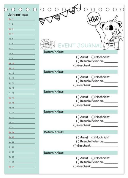 Produktbild: Geburtstagsplaner Doodle Tiere - F&uuml;r Termine, Geschenke, Eventdetails & mehr (Tischkalender 2026 DIN A5 hoch), CALVENDO Monatskalender
