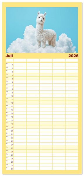 Produktbild: Familienplaner 2026 - Die Welt der Alpakas mit 5 Spalten (Wandkalender, 21 x 45 cm) CALVENDO