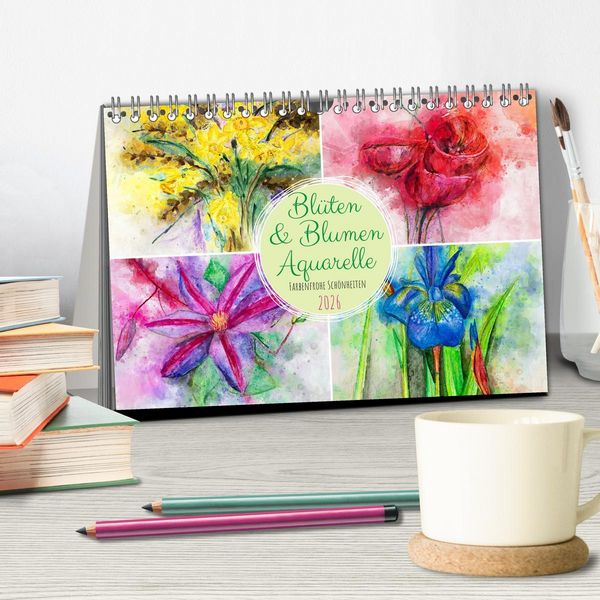 Produktbild: Bl&uuml;ten & Blumen Aquarelle - Farbenfrohe Sch&ouml;nheiten (Tischkalender 2026 DIN A5 quer), CALVENDO Monatskalender