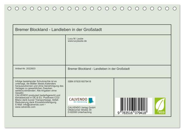 Produktbild: Bremer Blockland - Landleben in der Gro&szlig;stadt (Tischkalender 2026 DIN A5 quer), CALVENDO Monatskalender