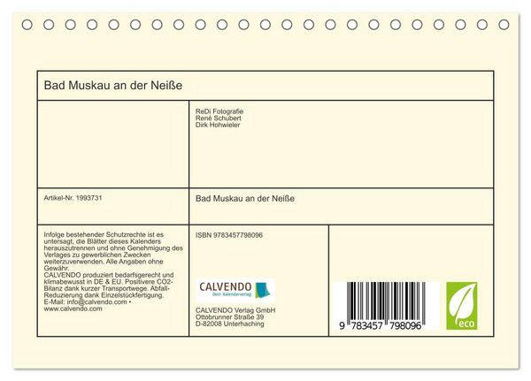 Produktbild: Bad Muskau an der Nei&szlig;e (Tischkalender 2026 DIN A5 quer), CALVENDO Monatskalender