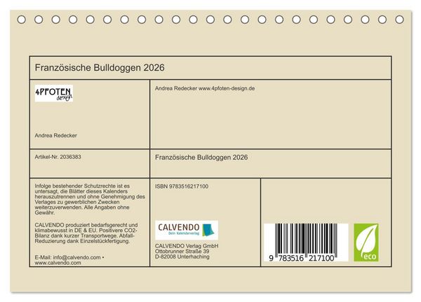 Produktbild: Franz&ouml;sische Bulldoggen 2026 (Tischkalender 2026 DIN A5 quer), CALVENDO Monatskalender