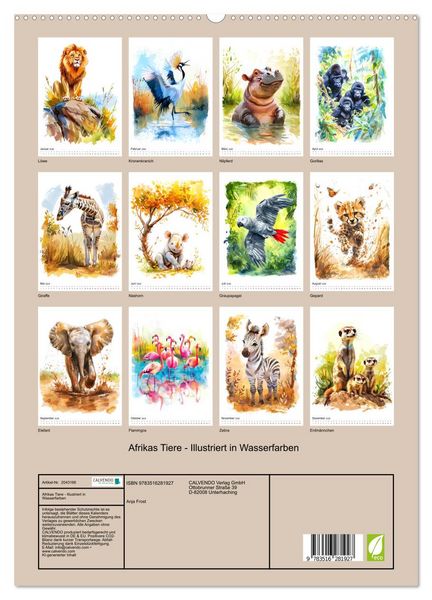 Produktbild: Afrikas Tiere - Illustriert in Wasserfarben (hochwertiger Premium Wandkalender 2026 DIN A2 hoch), Kunstdruck in Hochglanz