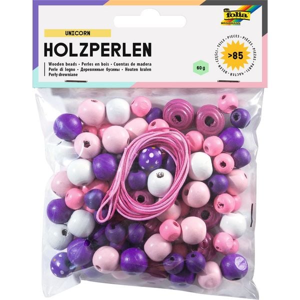 Produktbild: folia Holzperlen Unicorn lila pink 85 St&uuml;ck