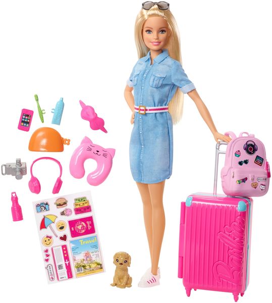 Mattel - Barbie Reise Puppe blond mit Zubehör, Anziehpuppe, Modepuppe, Barbie Ur