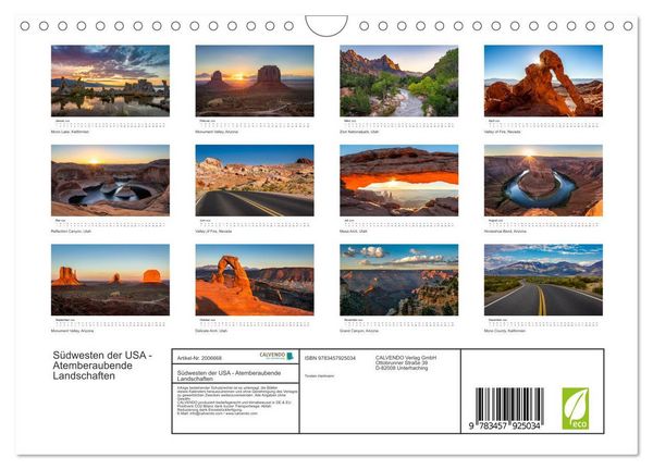 Produktbild: S&uuml;dwesten der USA - Atemberaubende Landschaften (Wandkalender 2026 DIN A4 quer), CALVENDO Monatskalender