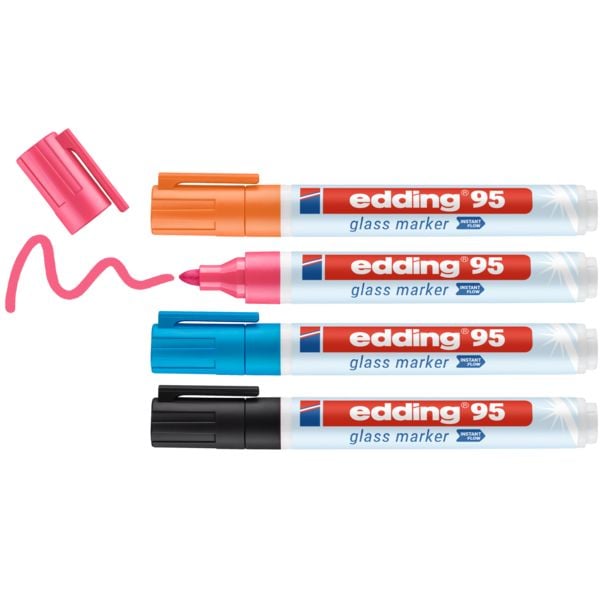 Produktbild: EDDING&reg; Glasboard Marker 95, 4er Set (schwarz, hellblau, rosa, orange)