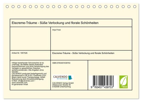 Produktbild: Eiscreme-Tr&auml;ume - S&uuml;&szlig;e Verlockung und florale Sch&ouml;nheiten (Tischkalender 2026 DIN A5 quer), CALVENDO Monatskalender
