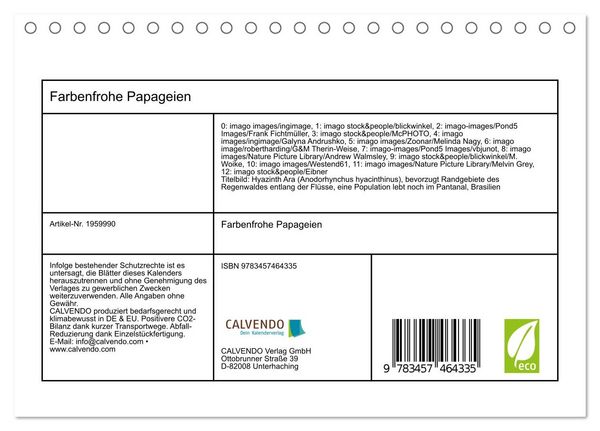 Produktbild: Farbenfrohe Papageien (Tischkalender 2026 DIN A5 quer), CALVENDO Monatskalender