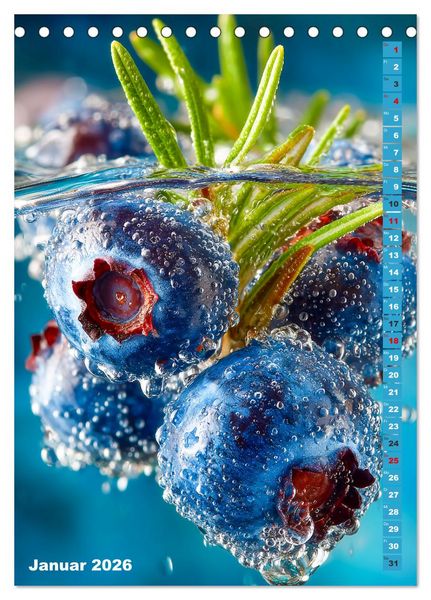 Produktbild: Fruchtige Erfrischung - K&uuml;chenkalender mit bunten Fr&uuml;chten im Wasser (Tischkalender 2026 DIN A5 hoch), CALVENDO Monatskalender