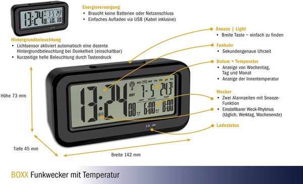 Produktbild: TFA Dostmann 60.2554.01 Funk Wecker Schwarz Alarmzeiten 2 Gro&szlig;es Display
