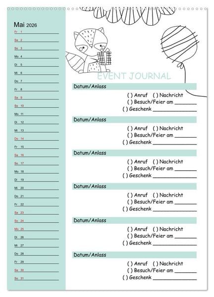 Produktbild: Geburtstagsplaner Doodle Tiere - F&uuml;r Termine, Geschenke, Eventdetails & mehr (hochwertiger Premium Wandkalender 2026 DIN A2 hoch), Kunstdruck in Hochglanz