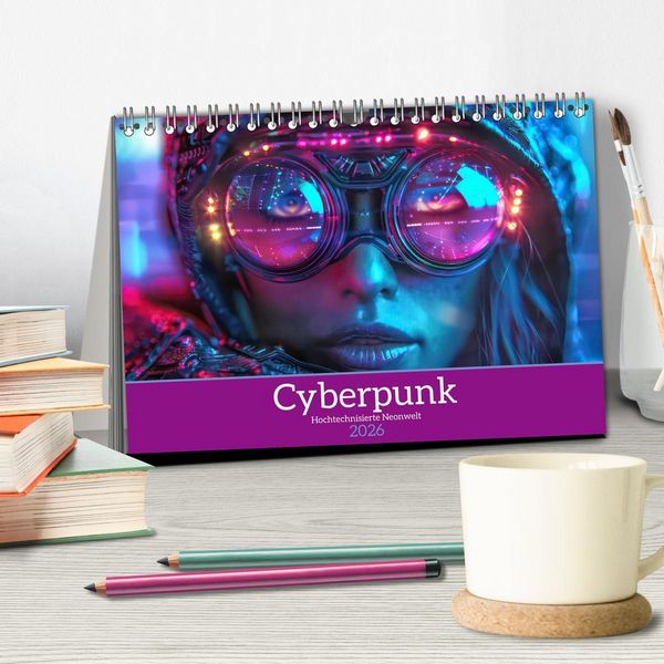 Produktbild: Cyberpunk - Hochtechnisierte Neonwelt (Tischkalender 2026 DIN A5 quer), CALVENDO Monatskalender