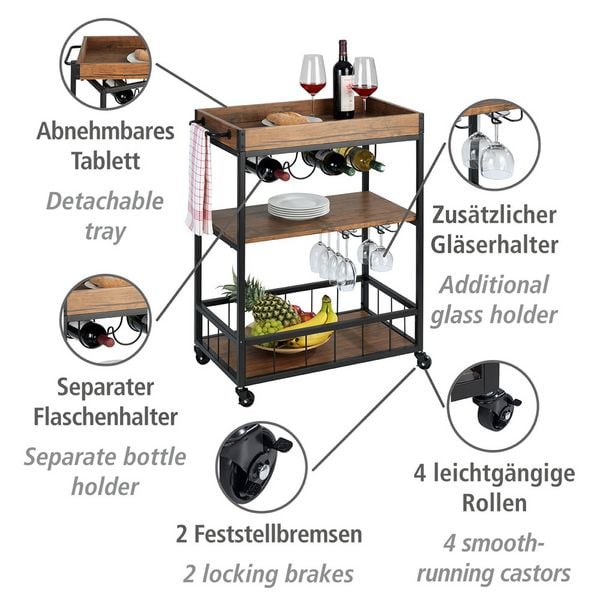 Produktbild: K&uuml;chenwagen Mod. Rustico, mit Weinglashalter und Flaschenhalte