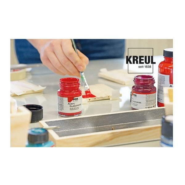 Produktbild: KREUL Acryl Glanzfarben Basis Set 6 x 20 ml, Gelb, Rot, Himmelblau, Gr&uuml;n, Hellbraun, Schwarz, 1 Pinsel