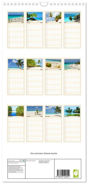 Produktbild: Familienplaner 2026 - Die sch&ouml;nsten Str&auml;nde Karibik mit 5 Spalten (Wandkalender, 21 x 45 cm) CALVENDO