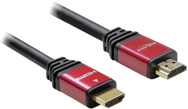 Produktbild: Delock HDMI Anschlusskabel HDMI-A Stecker, HDMI-A Stecker 2.00 m Rot/Schwarz 84333 vergoldete Steckkontakte, mit Ferritkern HDMI-Kabel