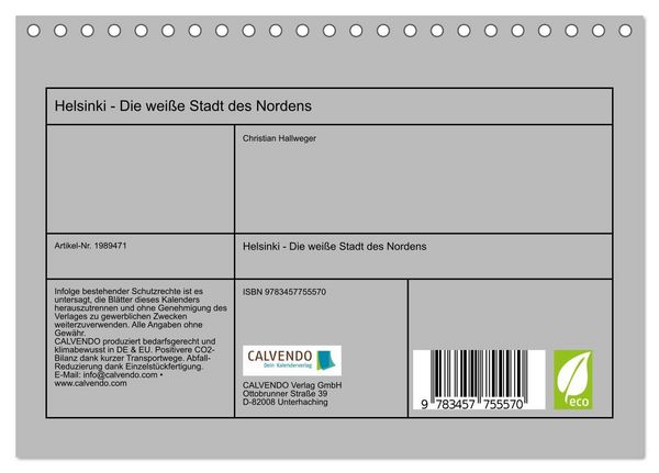 Produktbild: Helsinki - Die wei&szlig;e Stadt des Nordens (Tischkalender 2026 DIN A5 quer), CALVENDO Monatskalender